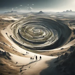 a warped world with half-formed people wandering around a deformed landscape