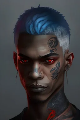 Brown skin, red eyes, straight short blue-grey hair, snake tattoo on neck, black clothes, round face, man
