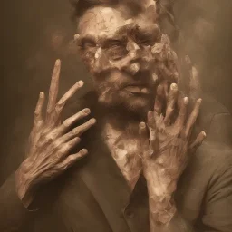 Extremely detailed portrait of a man covering his fading face with multiple hands growing out of his palms, digital painting.