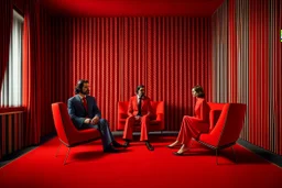 Un hombre vestido con traje, un hombre con pijama rojo, y una mujer vestida con traje, sentados en sillones, en una habitación de suelo de baldosas con líneas zigzagueantes, la habitación la recorre una gran cortina roja, fotografía realizada con cámara Leica y objetivo de 50 mm. Estilo serie de televisión Twin Peaks