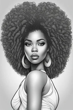 Create a coloring page of a beautiful curvy black female looking to the side with la curly afro. No shading, No color, define lines, clean lines