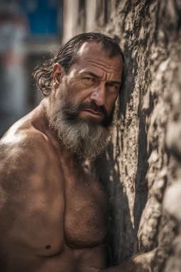 close up photography of an ugly 40 year old beefy robust burly turkish homeless, wearing his work shorts, shirtless, leaning with his back on the wall, hands on the fap, dirty, sweat, wet, ajar mouth, hairy chest, , very virile, short beard, shaved hair,, , in a sunny street, photorealistic , frontal view from the ground