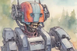 retro anime style, full color, dark serious 1980s anime terminator like robot, moebius artist, magic, watercolor,