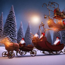 steampunk santa sleigh with santa sitting in it being pulled by 8 reindeer, 4k, highly detailed, cinematic, ultra photorealistic, ultra realistic, volumetric lighting