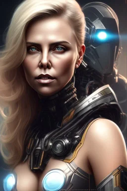 wonderfull portrait, charlize theron face, half side face robot rust, long black hair, intricate, sci-fi, cyberpunk, future,