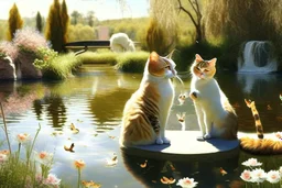 Cat wedding next to a pond in sunshine