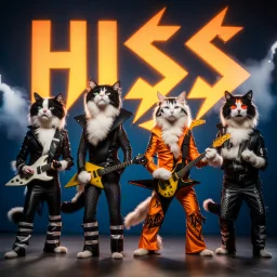 Four cats dressed as KISS band members, each with iconic black-and-white face paint and rock costumes, standing in a dramatic pose under the word 'HISS' in bold orange-yellow gradient letters with lightning bolt-style 'S', parody style, humorous and theatrical atmosphere, studio lighting, sharp details.
