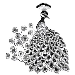 white, A peacock in a regal pose, focusing on its majestic feathers., coloring book, vector, white background, outline, with images neatly contained within the background, just black and white color, full body, no color.