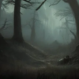 franz frazetta style, zombie lurking in the forest clearing, night