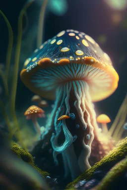 fungoid portrait in fungus garden, little pixies, hi detail, 4k, clear focus, depth of field, color correction, studio quality, backlight