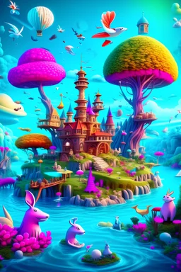 An enchanting and whimsical wonderland wall art portraying a magical realm with talking animals, floating islands, and flying ships, a sense of childlike imagination and fantasy pervades the scene, 3D rendering, with a focus on vibrant colors and dreamlike elements
