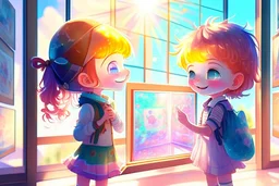 cute chibi holographic girl and boy looking at pictures happily at an exhibition room in sunshine