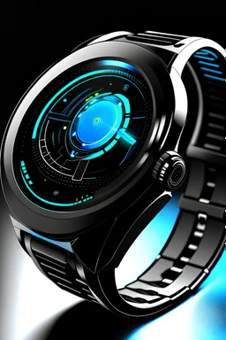 Create a futuristic image featuring an Obsyss smartwatch in a high-tech environment. Showcase the watch's smart features while integrating advanced technology elements around it.