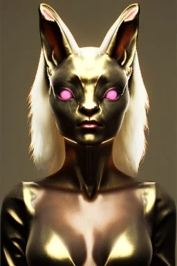 Medium Close Up Portrait, Front image. cyberpunk, rabbit mask, asian woman, gold hair. Latex suit. white, pink, color. Playboy style. Color background, photo studio. Avatar image, highly detailed, concept art, smooth, unreal engine 5, ray tracing, RTX, lumen lighting, ultra detail, volumetric lighting, 3d, finely drawn, high definition, high resolution.