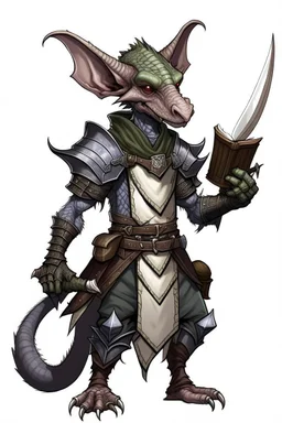 Kobold from dnd, horns, grey diamond - shaped scales, magic book, leather armor
