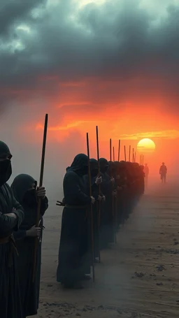 Bosch painting style nightmare , 3D ,a group of prisoners slave in black tied together in line in a dramatic misty scene of the sunset time in a stormy weather in the desert background, high Quality picture , 8k