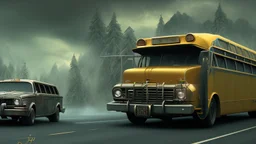 the inside of school buss driving on the freeway, angry orcs, perfect composition, hyperrealistic, super detailed, 8k, high quality, trending on artstation, studio photo, highly detailed, wide borders