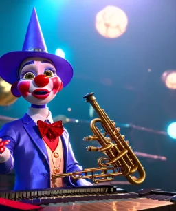 mechanoid clown playing jazz with a steampunk theme, trumpet, realistic