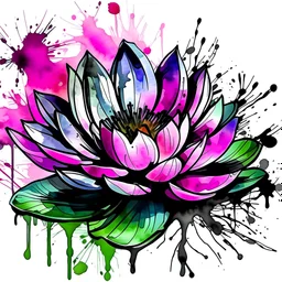 Clip art of a water lily with black ink and filled with abstract watercolor, pink, purple and green, background mostly white, like a canvas.