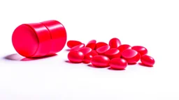a bubble pack of red pills, next to torn red ribbon, on a white background