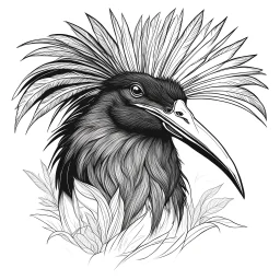 CASOAR À CASQUE Casuarius casuarius - Southern Cassowary. Record of Lodoss War style, Linework: Expressive, expressive black ink line art with variable stroke weights. Crisp contours define silhouettes while fine hatching adds subtle depth and form.
