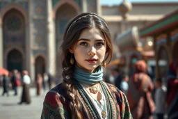 a beautiful girl in folk custom satnding in Tabriz Saat Square. Ultra-detailed, masterpiece quality, award-winning composition, trending on ArtStation, digital art perfection.