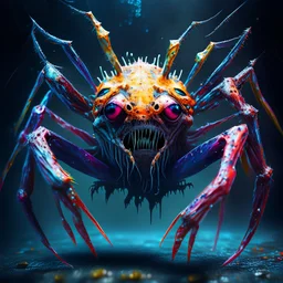 Studio quality photo, spider crab humanoid, intimidating, scary, photorealistic, fantasy, dystopian, vibrant bright colors, hyper realistic, extremely detailed, bone, flesh, dripping, evil smile, extremely detailed bulging evil eyes, splattered,