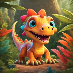 cute baby wide-eyed chibi dinosaur, by Disney Pixar, by Shaun Tan, whimsical cartoon lush prehistoric jungle, bright colors, deep color, fantastical, intricate detail, splash screen, complementary colors, fantasy concept art, 8k resolution trending on Artstation Unreal Engine 5 sunny landscape colorful beautiful fantasy.