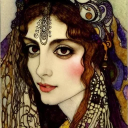 Beautiful woman gypsy shaman with big brown eyes, Subdued lighting. Muted color palette. Modifiers: elegant intricate very attractive beautiful award winning fantastic view hyperrealistic ultra detailed high definition matte background watercolor Arthur Rackham Gustav Klimt pen and ink Johannes Vermeer Aubrey Beardsley