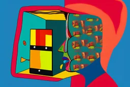 man with head inside a tv in the style of Eileen Agar