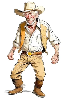 Bare drunk old cowboy in pants runs