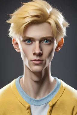 Hyperrealistisch 16jähriger schlanker effeminierter blonder Junge mit hellblauen Augen, das Haar ordentlich gekämmt, weißes Hemd und gelber Pullover mit V-Ausschnitt