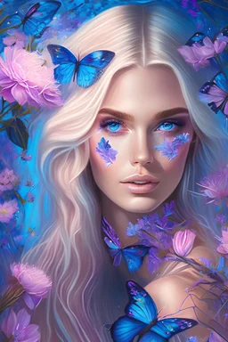 mystérieuse belle femme blonde, yeux bleus électriques, sophistiquée, entourée de fleurs roses et de papillons