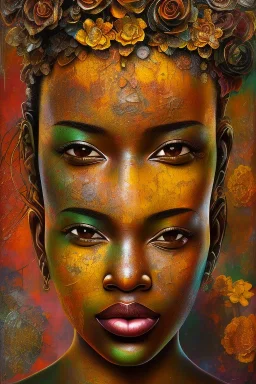 an abstract painting of rusted metal and flowers, african portrait, rust, scaffolding, iron cladding, decay, mixed media, textured, anatomically correct, beautiful perfect face, sharp focus, highly detailed