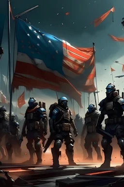 Epic battle scene with soldiers wearing cyber punk gear and holding a big visible flag reading GWAR