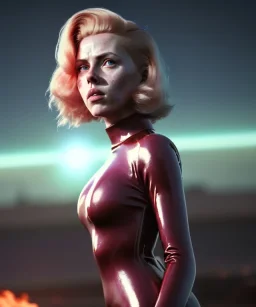 retro sci-fi portrait image from 1990, supermarket parking explosion, fire, scared people, blonde woman walking, young Scarlett Johansson face, tight latex suit, soft color, highly detailed, unreal engine 5, ray tracing, RTX, lumen lighting, ultra detail, volumetric lighting, 3d, finely drawn, high definition, high resolution.