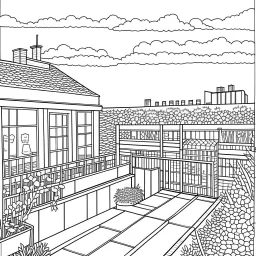 GARDEN HOUSE, ""Roof Garden Views: Color the rooftop garden scenes with a panoramic view.", full view, realistic, coloring page, only draw lines, coloring book, clean line art, wildlife-inspired, kid style, –no sketch, color, –ar 3:4, white background, minimalistic black lines, 8k, minimal black color, low level black colors, coloring page, use pure black and white colors, avoid thick black colors, thin black line art, avoid colors, perfect shape, perfect clear lines, clear edges,