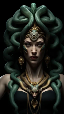medusa goddess portrait, best quality,4k,8k,highres,masterpiece:1.2),ultra-detailed,(realistic,photorealistic,photo-realistic:1.37), snakes as hair,scales on the face and body of the goddess, mcold and stoic expression,fierce and powerful pose, intricate jewelry and accessories, dark background with smoke and mist, ethereal and otherworldly atmosphere, Greek mythology theme