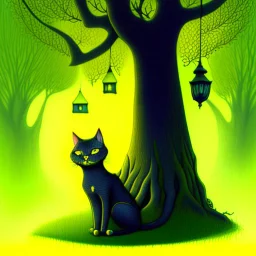 Drawing of a yellow cat sitting in front of a tree, the background is green, storybook illustration by Gediminas Pranckevicius, featured on deviantart, gothic art, magical fairy tale atmosphere, storybook illustration, dark and mysterious