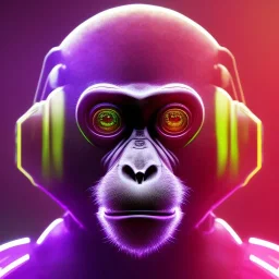 A beautiful portrait of a cyborg monkey purple neon color scheme, high key lighting, volumetric light high details psychedelic background