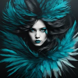 image of a girl, in the style of gossamer fabrics, liquid emulsion printing, dark cyan and dark black, trompe-l'œil illusionistic detail, wetcore, norwegian nature, fine feather and hair details