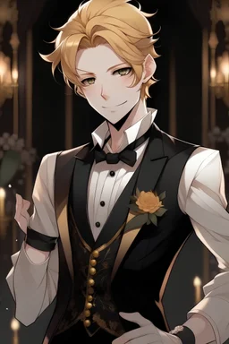 Anime boy at a masquerade ball wearing fitted waistcoat, stark black against the crisp white of his button-up. His sleeves were loosely rolled up to reveal toned forearms. Still, the top two buttons of his shirt had been purposefully left undone, his golden hair artfully ruffled