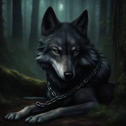 sad small scruffy wolf with a chain around its neck laying down eyes closed, photorealistic, dark fantasy, forest