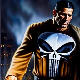 Ultra detailed fullbody Portrait in oil on canvas of The Punisher, extremely detailed digital painting, extremely detailed face,crystal clear Big Glowing eyes, mystical colors ,perfectly centered image, perfect composition, rim light, beautiful lighting, 8k, stunning scene, raytracing, anatomically correct, in the style of robert e howard and Ken Kelley and Ohrai Noriyoshi and Simon Bisley and tomzj1