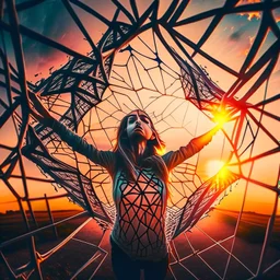 A young woman tries to get out of the agony of cobwebs that surround her geometrically, her hands try to tear the cobwebs, sunset time, dramatic shot, wide lens, dramatic colors, outdoor shot, impressive artwork, 12K