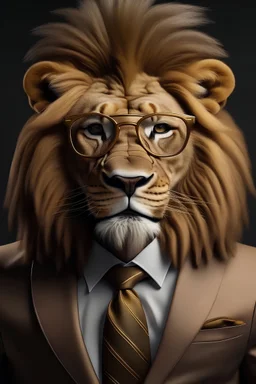 A lion wearing a suit, pants and gold glasses