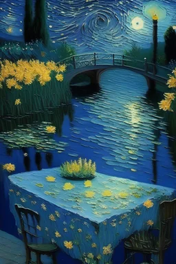 tableau "nuit étoilée" où l'eau devant est un lac avec des nénuphar et un pont comme dans le jardin de monet