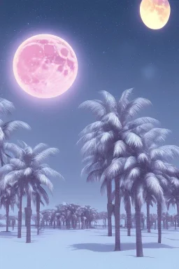 1980's aesthetic vaporwave palm trees with lighting with moon in the winter snow