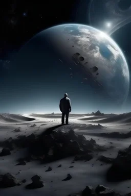 A man looks from the moon at the destruction of planet Earth
