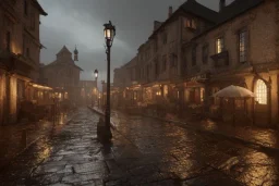 medieval fantasy town, rainy, street lights, market, tavern, dirt path